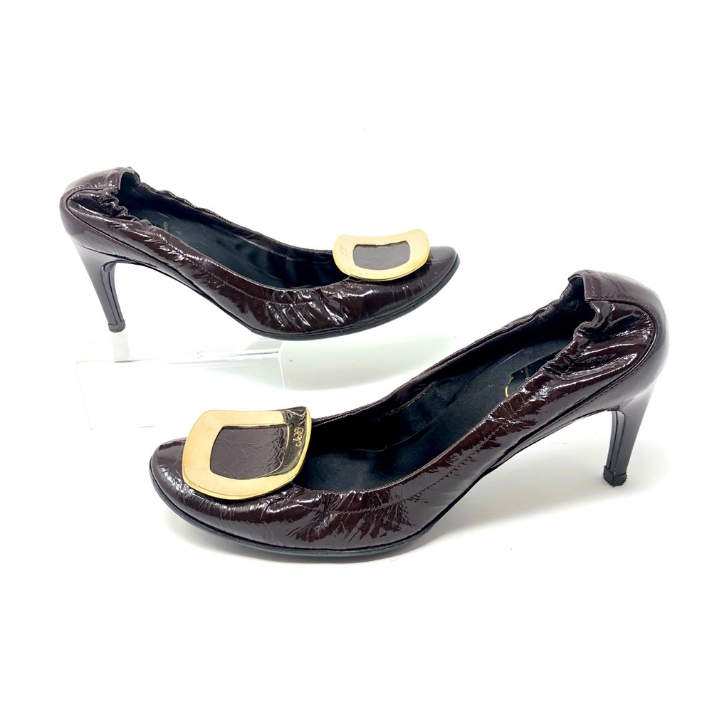 Roger Vivier Dark Brown Patent Leather Chips Elastic Heels / Pumps sz 37.5